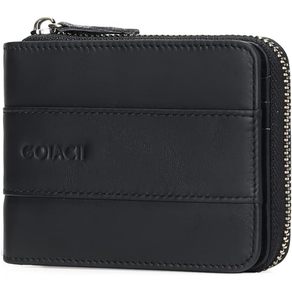 Men's B-Black Wallets Genuine Leather Front Around Zip Pocket Credit Card